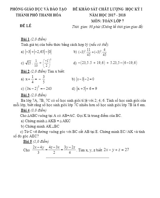 đề thi hk1 toán 7 năm học 2017 – 2018 phòng gd và đt thành phố thanh hóa