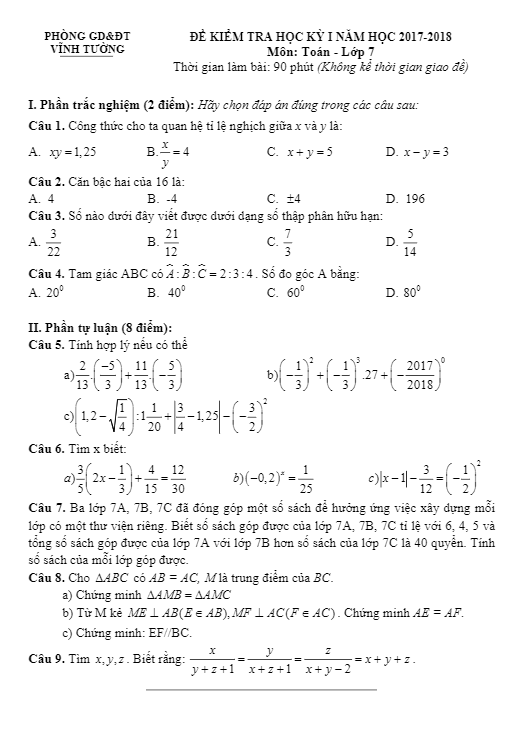 đề thi hk1 toán 7 năm học 2017 – 2018 phòng gd và đt vĩnh tường – vĩnh phúc