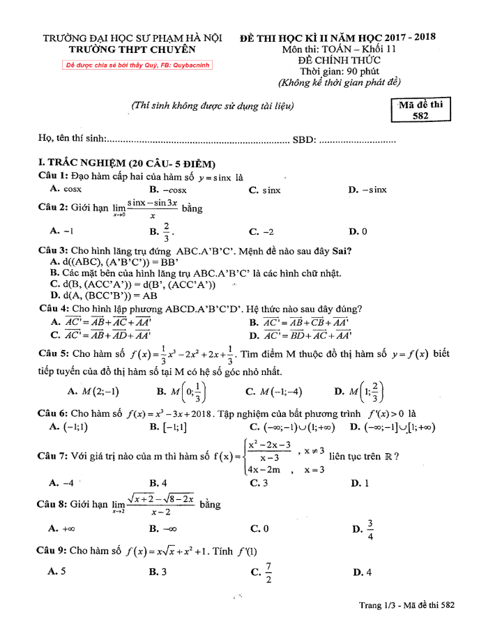 đề thi hk2 toán 11 năm 2017 – 2018 trường thpt chuyên đhsp hà nội