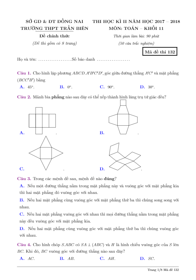 đề thi hk2 toán 11 năm 2017 – 2018 trường thpt trấn biên – đồng nai