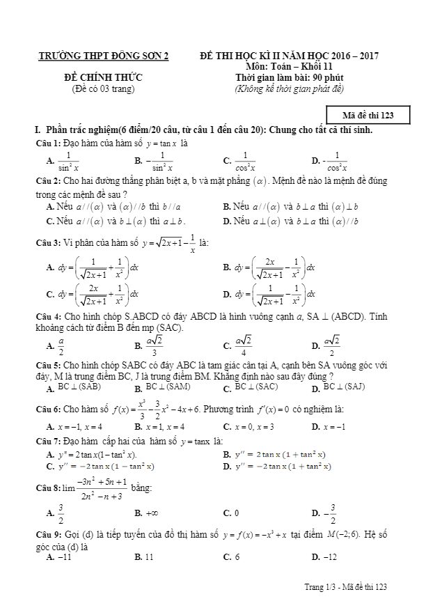 đề thi hk2 toán 11 năm học 2016 – 2017 trường thpt đông sơn 2 – thanh hóa