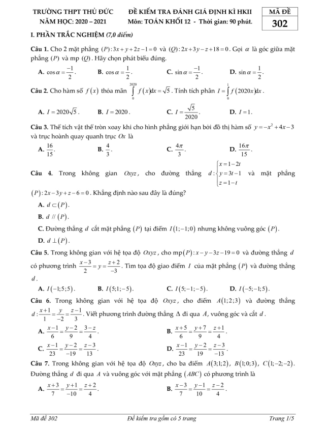 đề thi hk2 toán 12 năm 2020 – 2021 trường thpt thủ đức – tp hồ chí minh