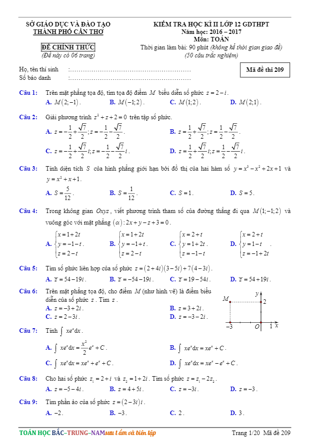 đề thi hk2 toán 12 năm học 2016 – 2017 sở gd và đt cần thơ