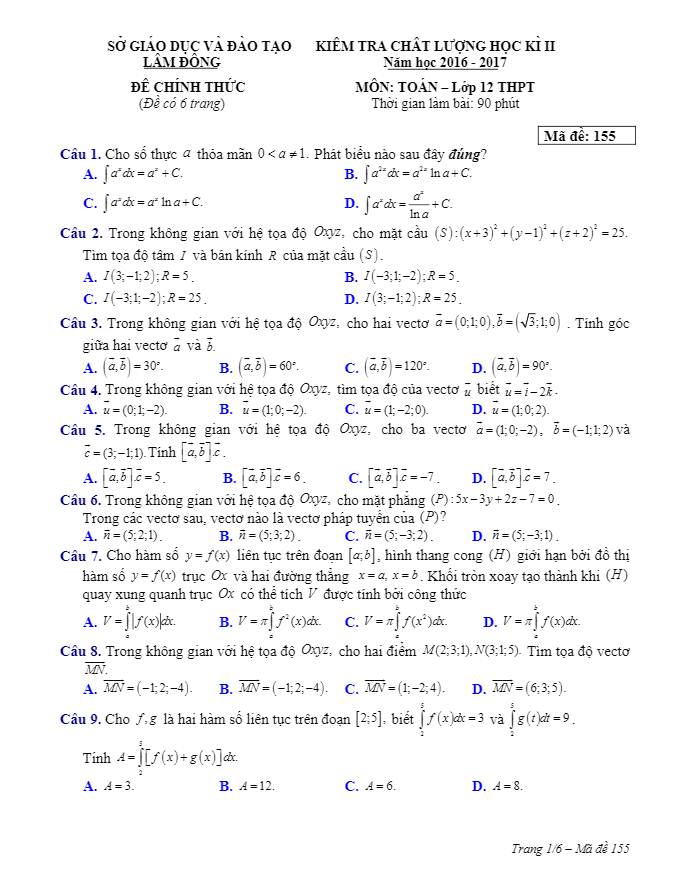 đề thi hk2 toán 12 năm học 2016 – 2017 sở gd và đt lâm đồng