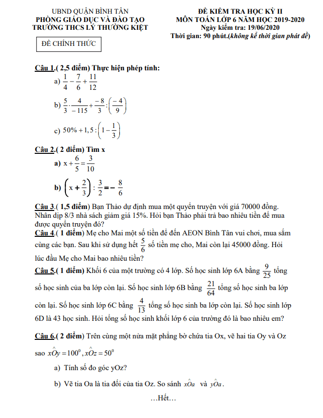 đề thi hk2 toán 6 năm 2019 – 2020 trường thcs lý thường kiệt – tp hcm