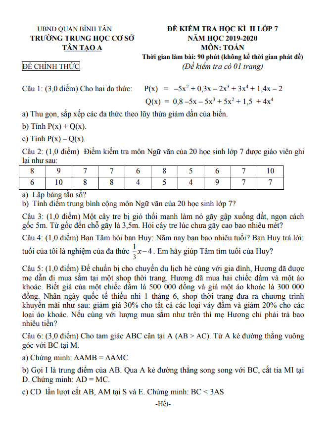 đề thi hk2 toán 7 năm 2019 – 2020 trường thcs tân tạo a – tp hcm