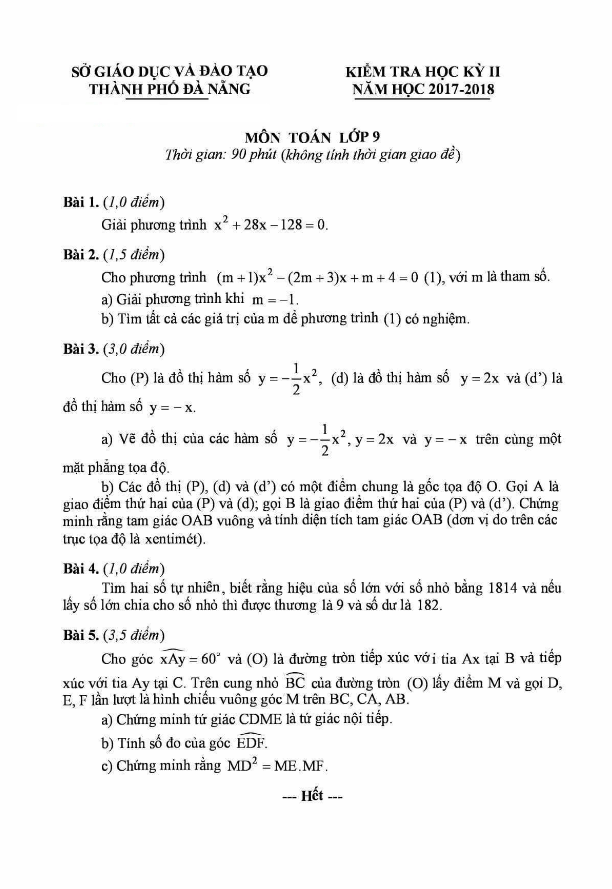 đề thi hk2 toán 9 năm học 2017 – 2018 sở gd và đt đà nẵng