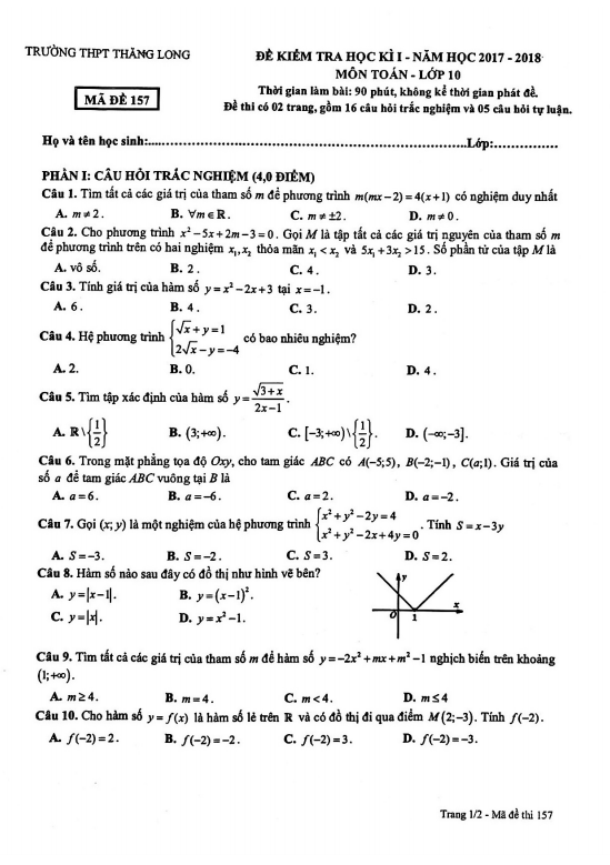 đề thi học kì 1 toán 10 năm 2017 – 2018 trường thpt thăng long – hà nội