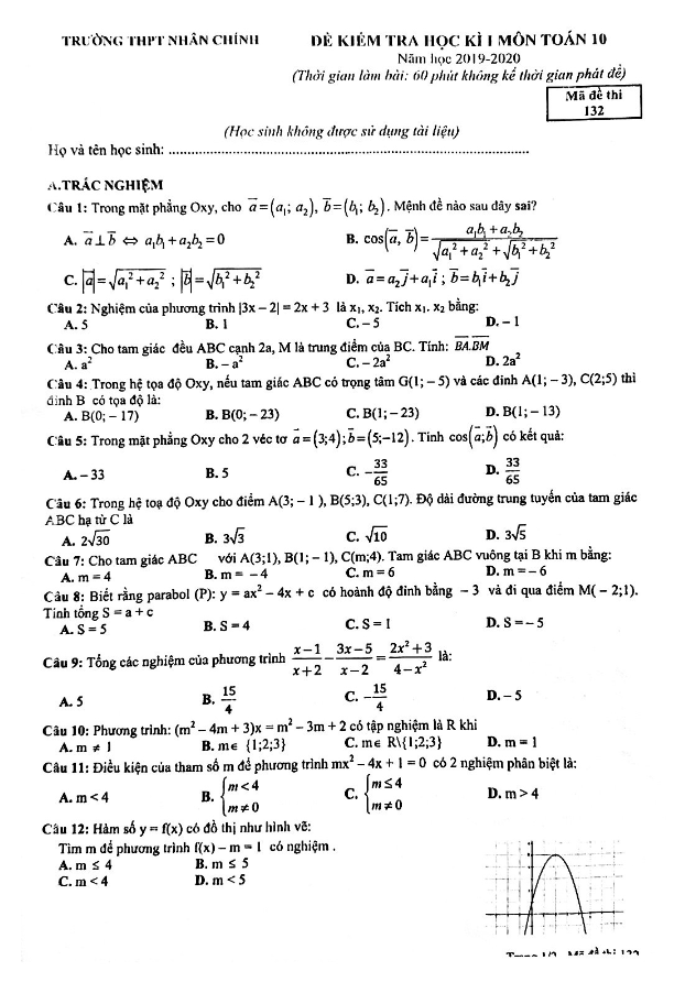 đề thi học kì 1 toán 10 năm 2019 – 2020 trường thpt nhân chính – hà nội