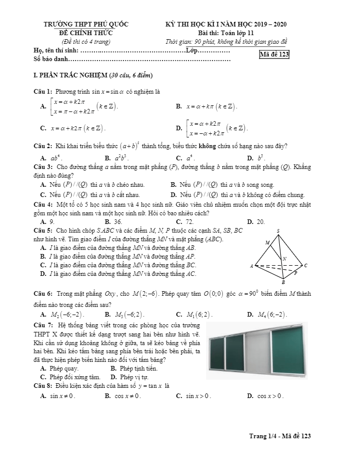 đề thi học kì 1 toán 11 năm 2019 – 2020 trường thpt phú quốc – kiên giang