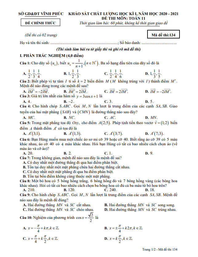 đề thi học kì 1 toán 11 năm học 2020 – 2021 sở gd&đt vĩnh phúc