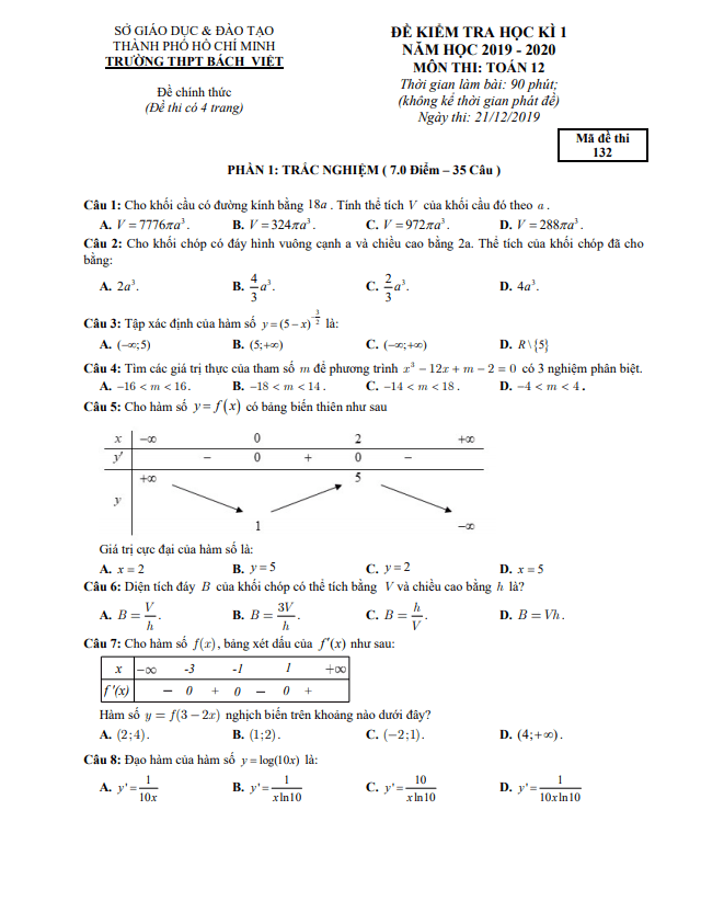 đề thi học kì 1 toán 12 năm 2019 – 2020 trường thpt bách việt – tp hcm