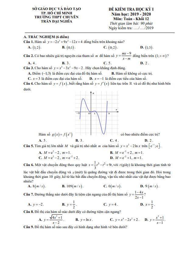 đề thi học kì 1 toán 12 năm 2019 – 2020 trường thpt chuyên trần đại nghĩa – tp hcm
