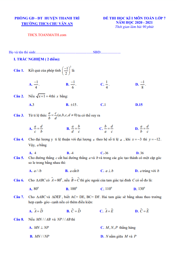 đề thi học kì 1 toán 7 năm 2020 – 2021 trường thcs chu văn an – hà nội