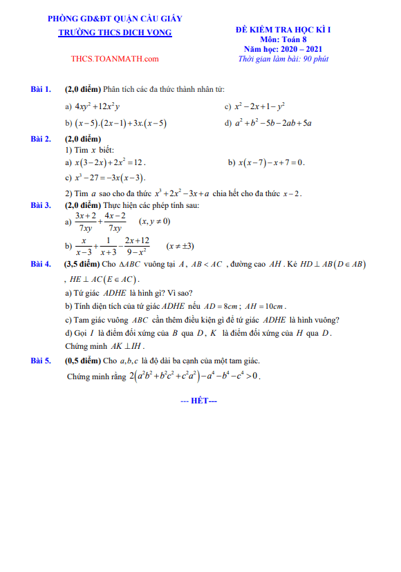 đề thi học kì 1 toán 8 năm 2020 – 2021 trường thcs dịch vọng – hà nội