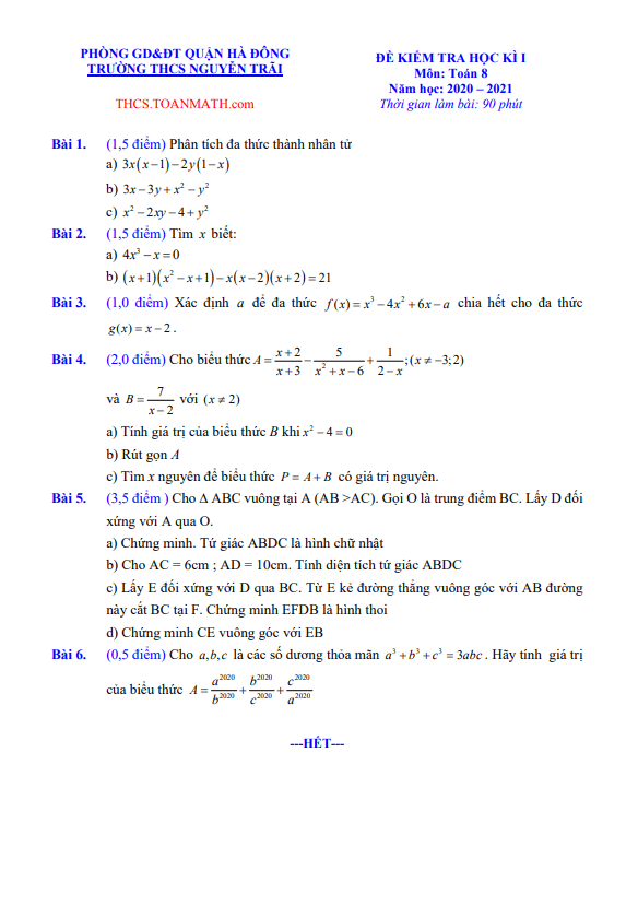 đề thi học kì 1 toán 8 năm 2020 – 2021 trường thcs nguyễn trãi – hà nội