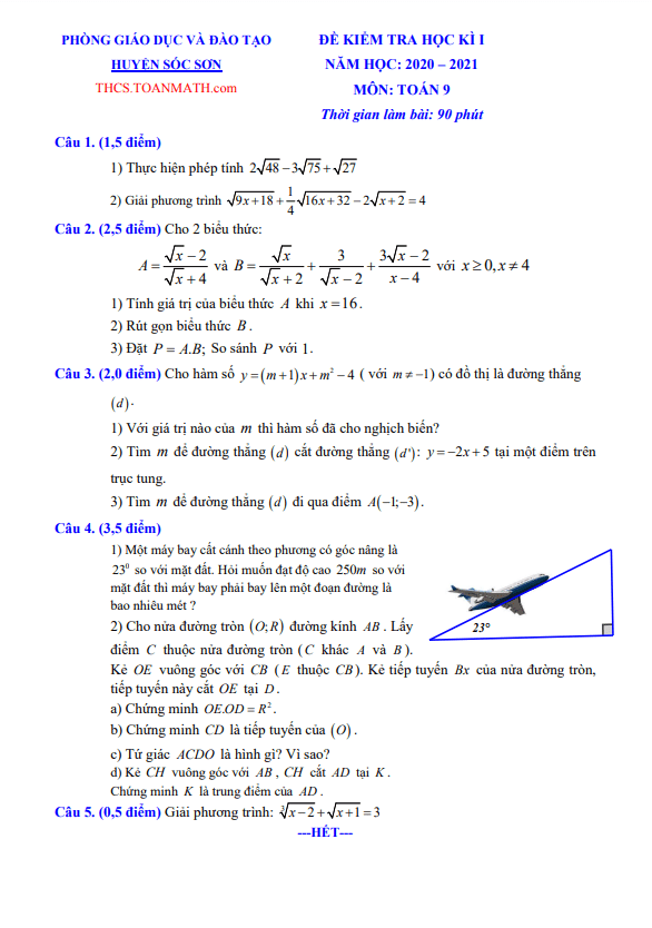 đề thi học kì 1 toán 9 năm 2020 – 2021 phòng gd&đt sóc sơn – hà nội