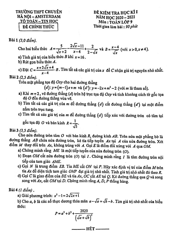 đề thi học kì 1 toán 9 năm 2020 – 2021 trường thpt chuyên hà nội – amsterdam