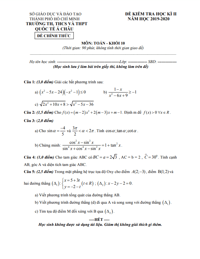 đề thi học kì 2 toán 10 năm 2019 – 2020 trường quốc tế á châu – tp hcm