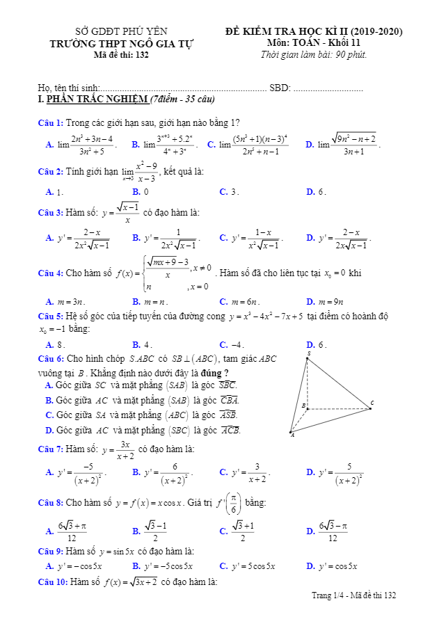 đề thi học kì 2 toán 11 năm 2019 – 2020 trường thpt ngô gia tự – phú yên