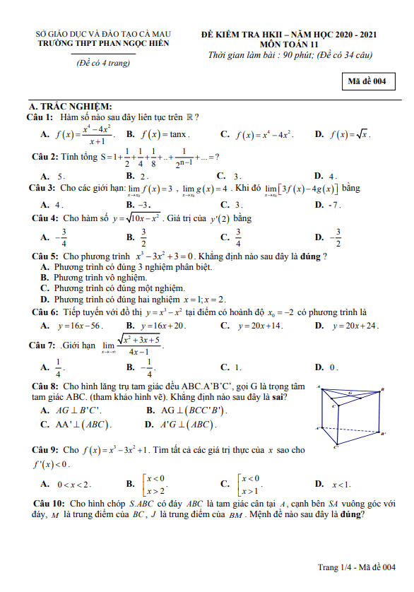 đề thi học kì 2 toán 11 năm 2020 – 2021 trường phan ngọc hiển – cà mau