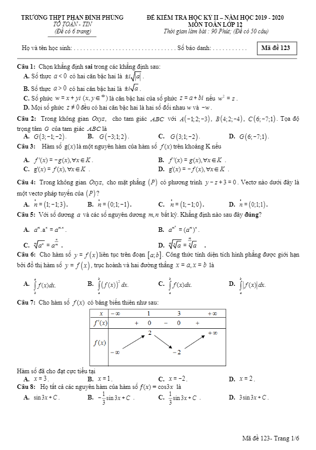 đề thi học kì 2 toán 12 năm 2019 – 2020 trường thpt phan đình phùng – hà nội