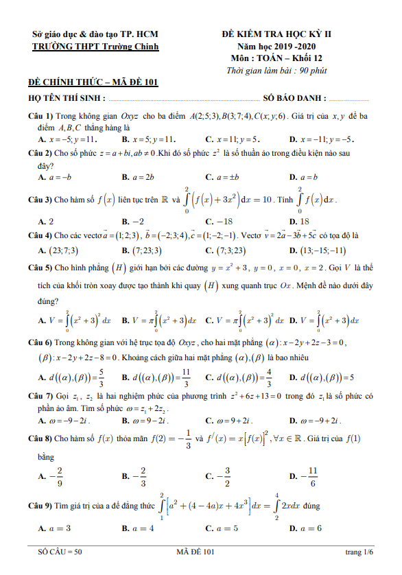 đề thi học kì 2 toán 12 năm 2019 – 2020 trường thpt trường chinh – tp hcm
