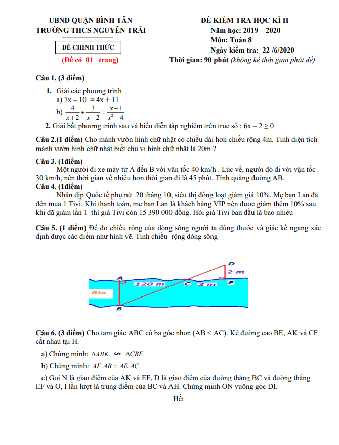 đề thi học kì 2 toán 8 năm 2019 – 2020 trường thcs nguyễn trãi – tp hcm