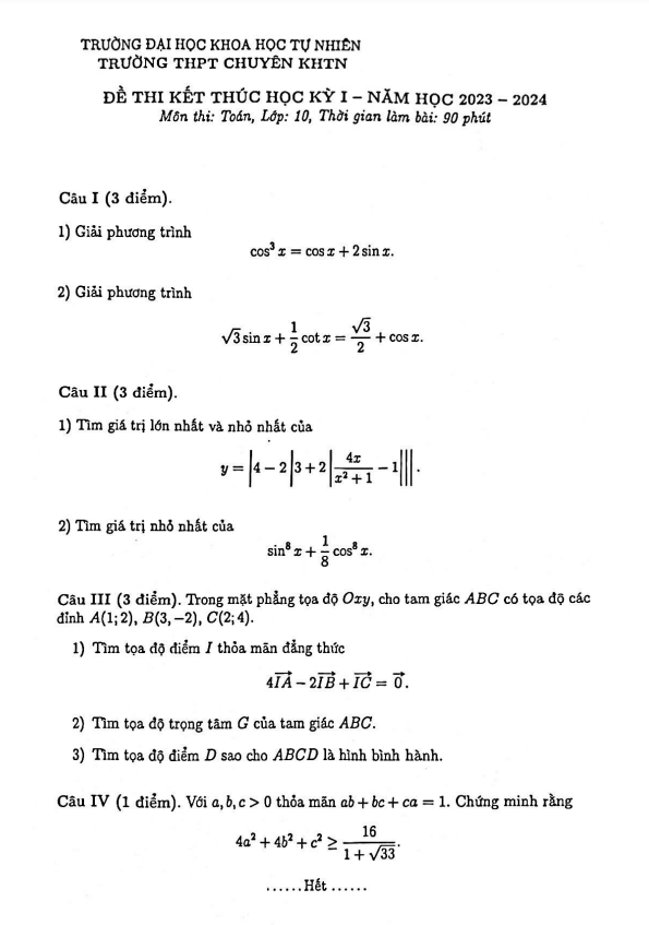 đề thi học kỳ 1 toán 10 năm 2023 – 2024 trường thpt chuyên khtn – hà nội
