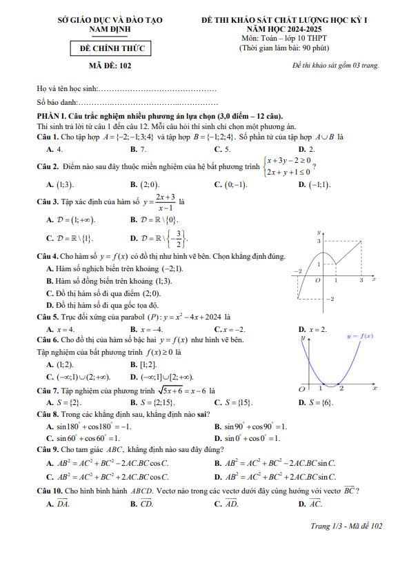 đề thi học kỳ 1 toán 10 năm 2024 – 2025 sở gd&đt nam định