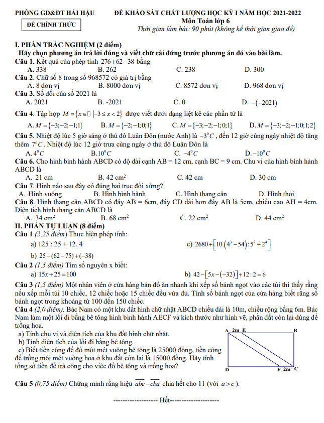 đề thi học kỳ 1 toán 6 năm 2021 – 2022 phòng gd&đt hải hậu – nam định
