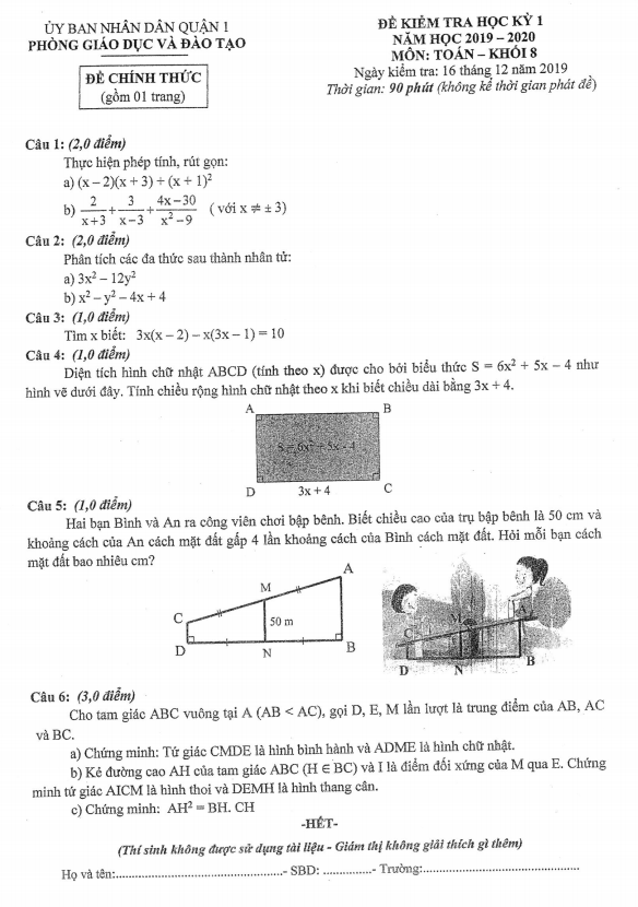 đề thi học kỳ 1 toán 8 năm 2019 – 2020 phòng gd&đt quận 1 – tp hcm