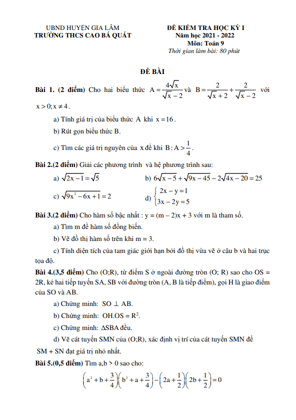 đề thi học kỳ 1 toán 9 năm 2021 – 2022 trường thcs cao bá quát – hà nội