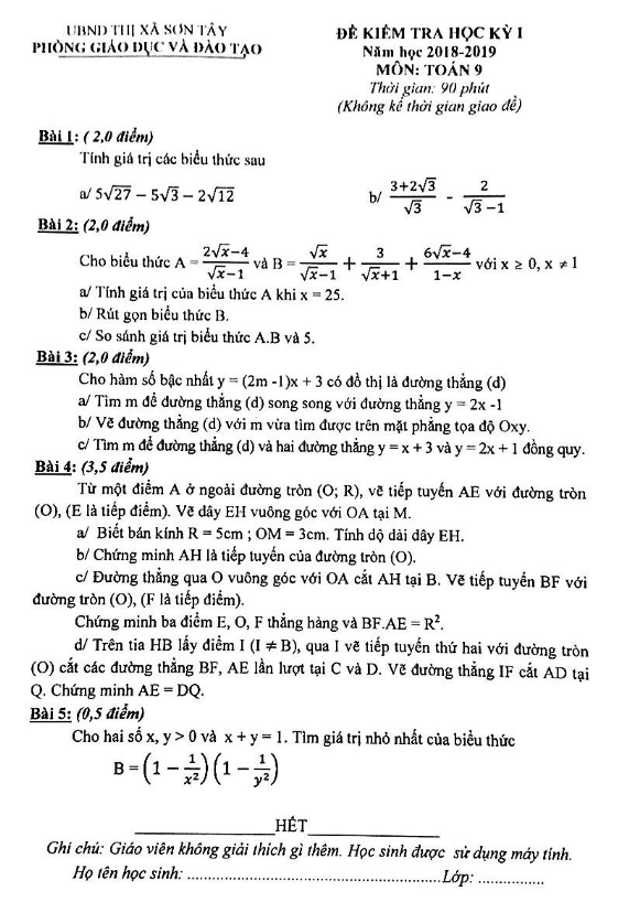đề thi học kỳ 1 toán 9 năm học 2018 – 2019 phòng gd và đt sơn tây – hà nội