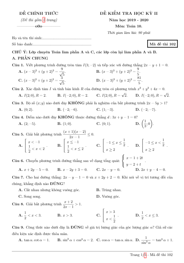 đề thi học kỳ 2 toán 10 năm 2019 – 2020 trường thpt chuyên hạ long – quảng ninh