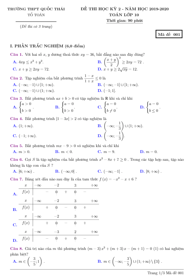 đề thi học kỳ 2 toán 10 năm 2019 – 2020 trường thpt quốc thái – an giang
