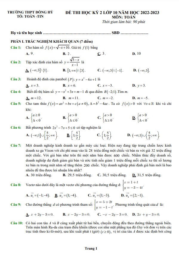 đề thi học kỳ 2 toán 10 năm 2022 – 2023 trường thpt đồng hỷ – thái nguyên