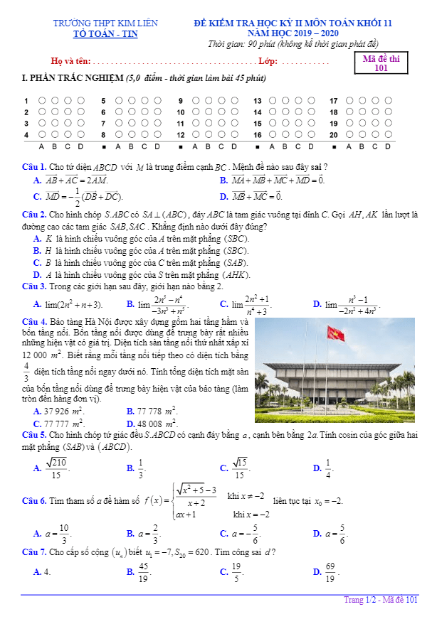 đề thi học kỳ 2 toán 11 năm học 2019 – 2020 trường thpt kim liên – hà nội