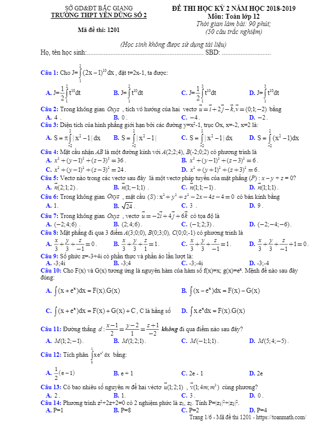 đề thi học kỳ 2 toán 12 năm 2018 – 2019 trường yên dũng 2 – bắc giang