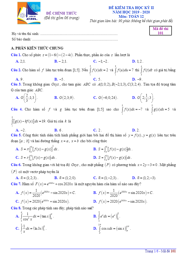 đề thi học kỳ 2 toán 12 năm 2019 – 2020 trường thpt chuyên hạ long – quảng ninh