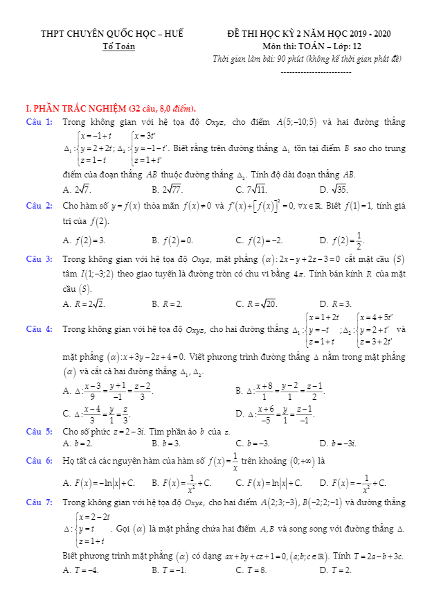 đề thi học kỳ 2 toán 12 năm 2019 – 2020 trường thpt chuyên quốc học huế
