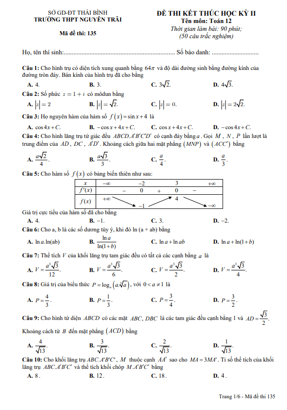 đề thi học kỳ 2 toán 12 năm 2023 – 2024 trường thpt nguyễn trãi – thái bình