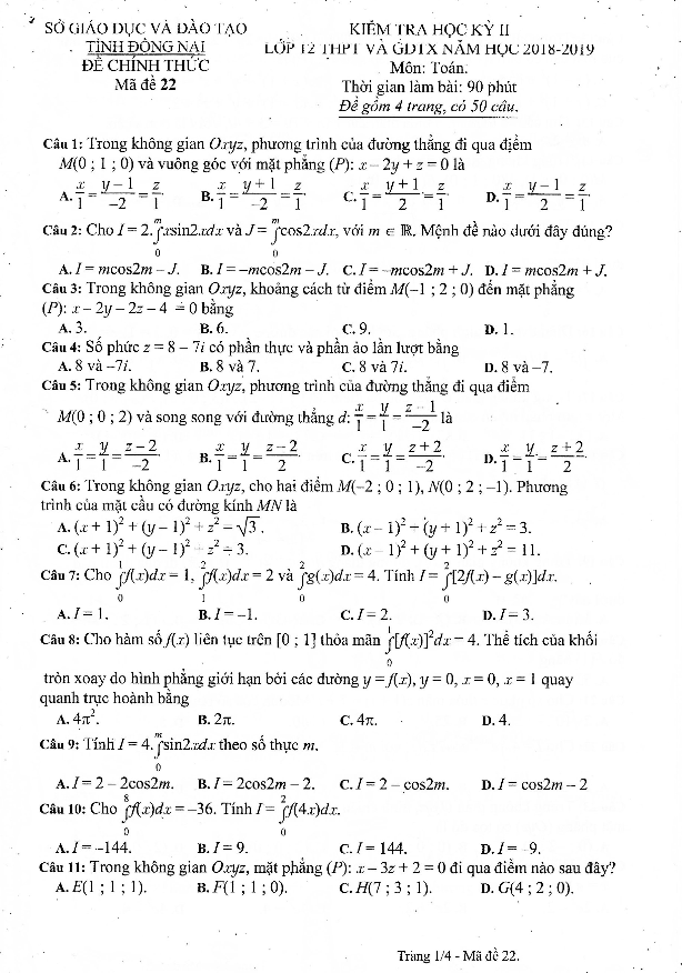 đề thi học kỳ 2 toán 12 năm học 2018 – 2019 sở gd&đt đồng nai