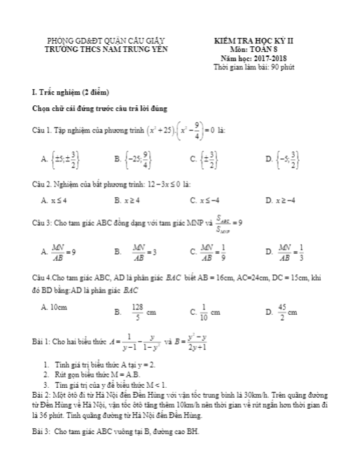 đề thi học kỳ 2 toán 8 năm 2017 – 2018 trường thcs nam trung yên – hà nội