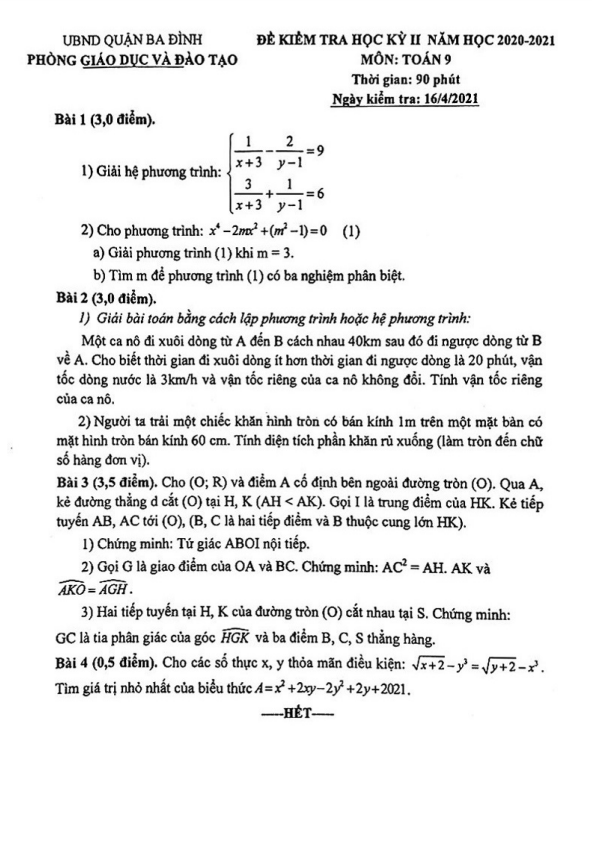 đề thi học kỳ 2 toán 9 năm 2020 – 2021 phòng gd&đt ba đình – hà nội