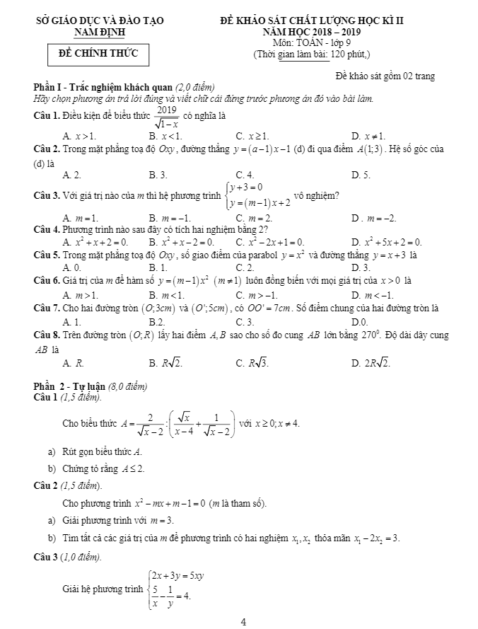 đề thi học kỳ 2 toán 9 năm học 2018 – 2019 sở gd&đt nam định