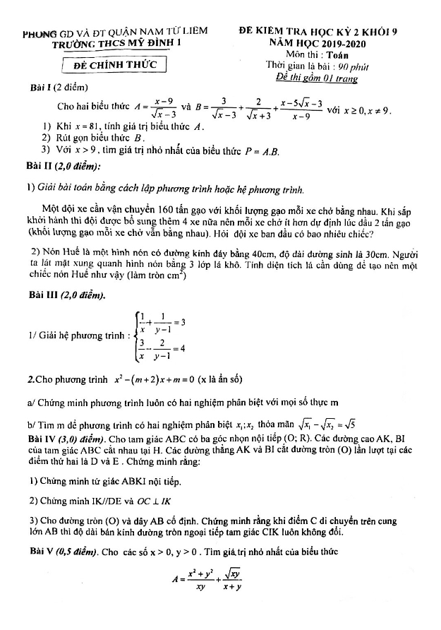 đề thi học kỳ 2 toán 9 năm học 2019 – 2020 trường thcs mỹ đình 1 – hà nội
