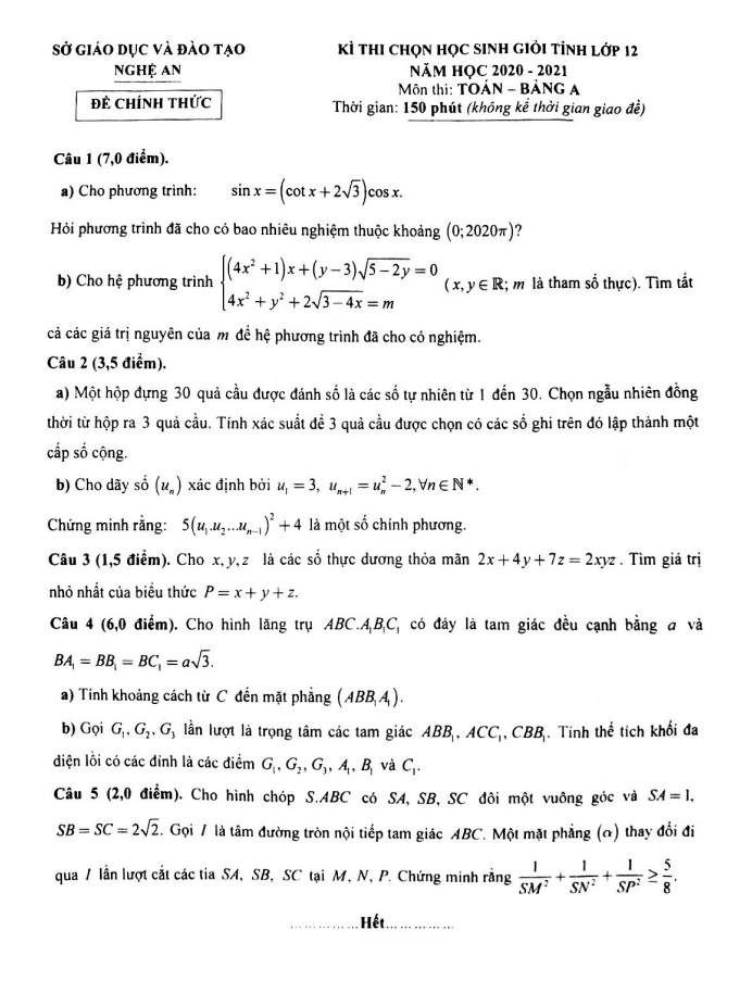 đề thi học sinh giỏi tỉnh toán 12 năm 2020 – 2021 sở gd&đt nghệ an (bảng a)