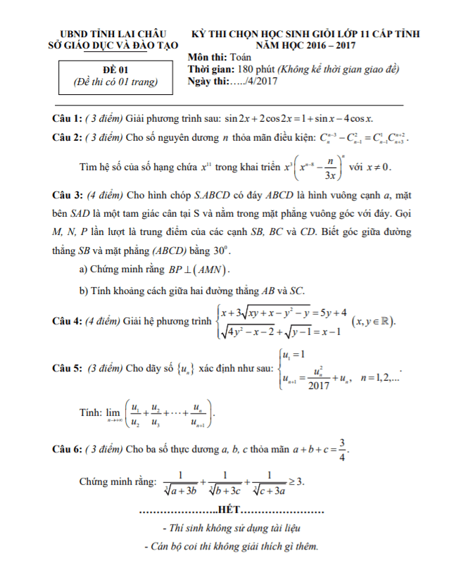 đề thi học sinh giỏi toán 11 cấp tỉnh năm 2016 – 2017 sở gd&đt lai châu