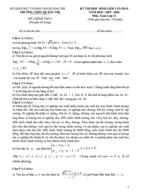 đề thi học sinh giỏi toán 11 năm 2025 – 2026 trường thpt quảng trị – quảng trị